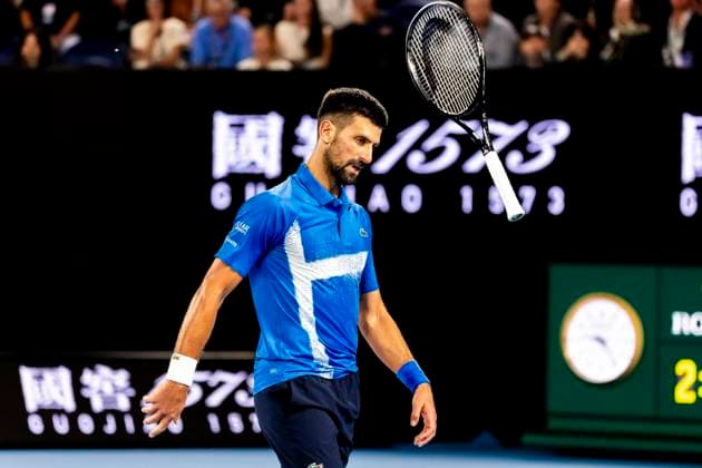 MELBOURNE, VIC - JANUARY 17: Novak Djokovic of Serbia throws his racquet during Round 3 of the 2025 Australian Open on January 17 2025, at Melbourne Park in Melbourne, Australia. (Photo by Jason Heidrich Icon Sportswire) TENNIS: JAN 17 Australian Open EDITORIAL USE ONLY Icon250117265