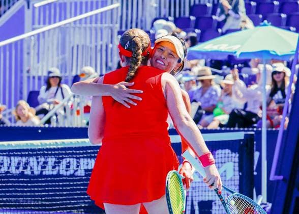 (250117) -- MELBOURNE, Jan. 17, 2025 -- Hsieh Su-Wei (back) Jelena Ostapenko celebrate winning the women s doubles second round match between Xu Yifan Yang Zhaoxuan of China and Hsieh Su-Wei (Chinese Taipe) Jelena Ostapenko (Latvia) at Australian Open tennis tournament in Melbourne, Australia, Jan. 17, 2025. (Photo by Xinhua) (SP)AUSTRALIA-MELBOURNE-TENNIS-AUSTRALIAN OPEN-DAY 6 ChuxChen 