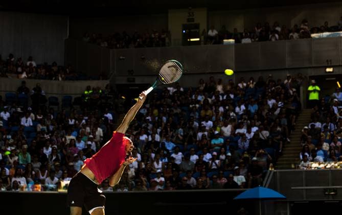 (250117) -- MELBOURNE, Jan. 17, 2025 -- Alexander Zverev of Germany serves to Jacob Fearnley of Britain during the men s singles 3rd round match at Australian Open tennis tournament in Melbourne, Australia, Jan. 17, 2025. (Photo by Xinhua) (SP)AUSTRALIA-MELBOURNE-TENNIS-AUSTRALIAN OPEN-DAY 6 HuxJingchen 