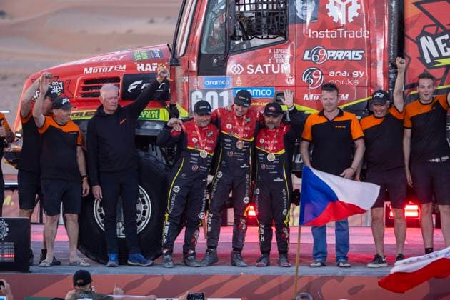 DAKAR 2025 - CEREMONY AND FINISH PODIUM 601 LOPRAIS Ales (cze), RODEWALD Darek (pol), KRIPAL David (cze), Iveco, Instatrade Loprais Team de Rooy FPT, Trucks, action during the Ceremony and Finish Podium of the Dakar 2025 on January 17, 2025 in Subaytah, Saudi Arabia - SubaytahSaudi Arabia  Copyright: xJULIENxDELFOSSEx