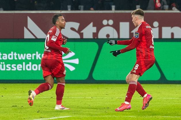 17 01 2025, Soccer 2 Bundesliga, Season 2024 2025, Matchday 18, Fortuna Duesseldorf vs SV Darmstadt 98 at Merkur Spiel Arena in Duesseldorf Myron van Brederode Fortuna Duesseldorf, 10 and Isak Bergmann Johannessson Fortuna Duesseldorf, 08 celebrate the goal for 1 0 Important note According to the regulations of the DFL German Football League and the DFB German Football Association, it is prohibited to use or have used photographs taken in the stadium and or of the game in the form of sequential images and or video-like photo series Foto Kirchner Media TH Copyright: xKirchner-Media THx