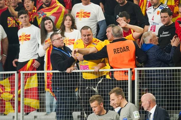 Handball, WM, Niederlande - Nordmazedonien 2025-01-17 Netherlands v North Macedonia - IHF Euro 2025 Men s Preliminary Round Group D VARAZDIN, CROATIA - JANUARY 17: Fans of North Macedonia during the IHF Euro 2025 Men s Preliminary Round Group D match between Netherlands and North Macedonia at Arena Varazdin on January 17, 2025 in Varazdin, Croatia. Varazdin Arena Varazdin Croatia Content not available for redistribution in The Netherlands directly or indirectly through any third parties. Copyright: xHenkxSeppenx