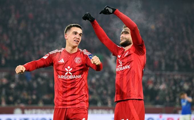 Football, 2 Bundesliga, Germany, Men, Season 2024 2025, Matchday 18, Merkur Spiel Arena Düsseldorf, Fortuna Düsseldorf SV Darmstadt Jubel Giovanni Haag F95 after his goal for 2 0 Jubel, joy, action