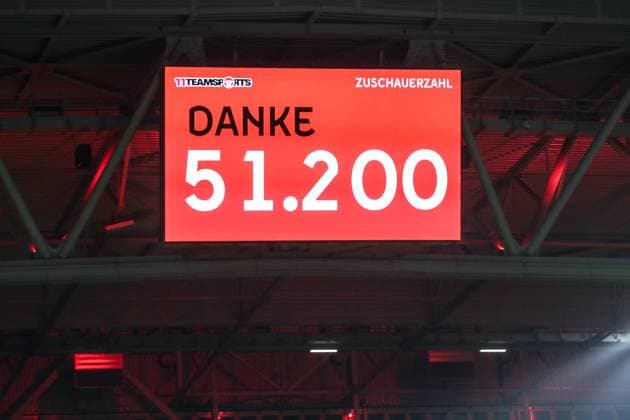 Sports, Football, 2 Bundesliga Season 2024 2025 18 Matchday Fortuna Düsseldorf SV Darmstadt 98 17 01 2025, MERKUR SPIEL ARENA DISPLAYBOARD WITH THE NUMBER OF ADMISSIONERS, 51 200 ADMISSIONERS Düsseldorf MERKUR SPIEL ARENA North Rhine-Westphalia Germany