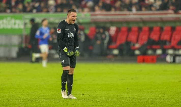 GER, Düsseldorf, Fortuna Düsseldorf vs SV Darmstadt 98, 2 Bundesliga, Football, DFB, Spielzeit 2024 2025, Merkur Spiel Arena, 18 Spieltag, im Bild Marcel Schuhen SV Darmstadt 98 1 jubilates after a goal DFB DFL REGULATIONS PROHIBIT ANY USE OF PHOTOGRAPHS AS IMAGE SEQUENCES AND OR QUASI VIDEO, 15 12 2024, Copyright: HMBxMedia HendrikxHamelau