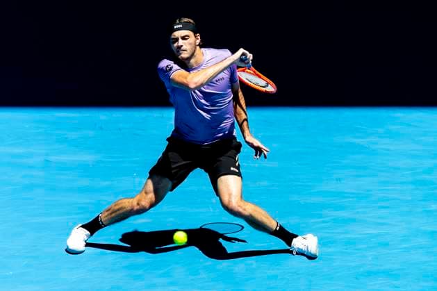 MELBOURNE, VIC - JANUARY 18: Taylor Fritz of the United States of America in action during Round 3 of the 2025 Australian Open on January 18 2025, at Melbourne Park in Melbourne, Australia. (Photo by Jason Heidrich Icon Sportswire) TENNIS: JAN 18 Australian Open EDITORIAL USE ONLY Icon250118108