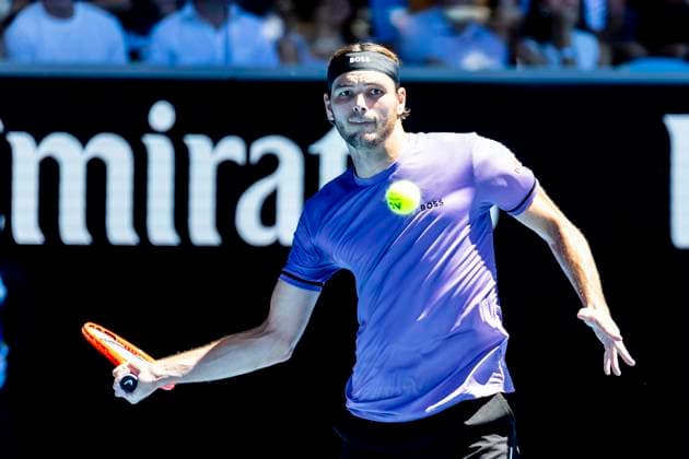 MELBOURNE, VIC - JANUARY 18: Taylor Fritz of the United States of America in action during Round 3 of the 2025 Australian Open on January 18 2025, at Melbourne Park in Melbourne, Australia. (Photo by Jason Heidrich Icon Sportswire) TENNIS: JAN 18 Australian Open EDITORIAL USE ONLY Icon250118113