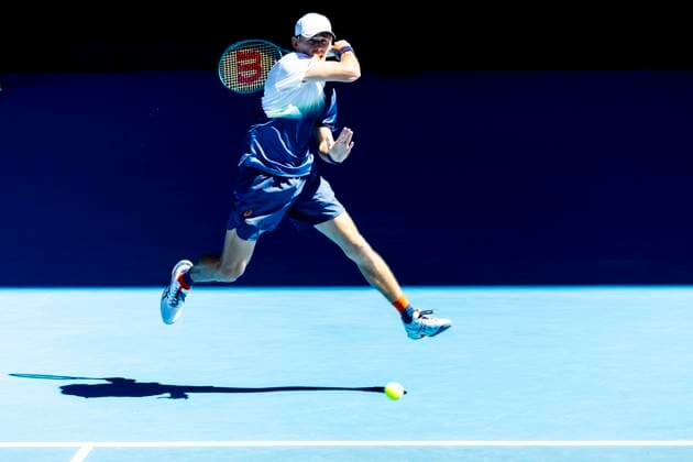 MELBOURNE, VIC - JANUARY 18: Alex de Minaur of Australia in action during Round 3 of the 2025 Australian Open on January 18 2025, at Melbourne Park in Melbourne, Australia. (Photo by Jason Heidrich Icon Sportswire) TENNIS: JAN 18 Australian Open EDITORIAL USE ONLY Icon250118154