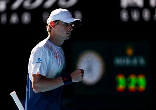 (250118) -- MELBOURNE, Jan. 18, 2025 -- Alex de Minaur celebrates scoring during the men s singles 3rd round match between Alex de Minaur of Australia and Francisco Cerundolo of Argentina at Australian Open tennis tournament in Melbourne, Australia, Jan. 18, 2025. ) (SP)AUSTRALIA-MELBOURNE-TENNIS-AUSTRALIAN OPEN-DAY 7 MaxPing 