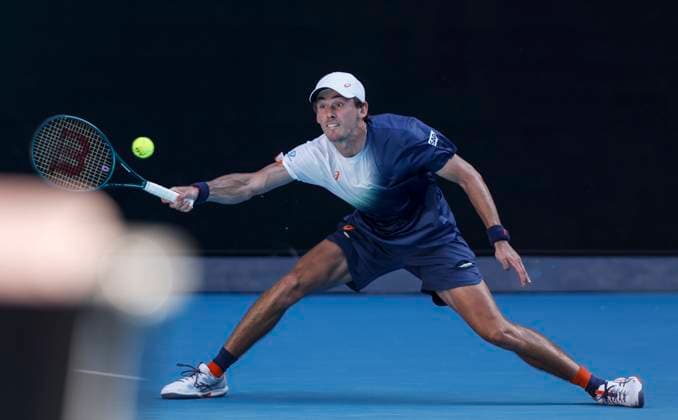 (250118) -- MELBOURNE, Jan. 18, 2025 -- Alex de Minaur hits a return during the men s singles 3rd round match between Alex de Minaur of Australia and Francisco Cerundolo of Argentina at Australian Open tennis tournament in Melbourne, Australia, Jan. 18, 2025. ) (SP)AUSTRALIA-MELBOURNE-TENNIS-AUSTRALIAN OPEN-DAY 7 MaxPing 