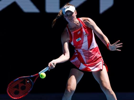 (250118) -- MELBOURNE, Jan. 18, 2025 -- Elena Rybakina hits a return during the women s singles 3rd round match between Elena Rybakina of Kazakhstan and Dayana Yastremska of Ukraine at Australian Open tennis tournament in Melbourne, Australia, Jan. 18, 2025. ) (SP)AUSTRALIA-MELBOURNE-TENNIS-AUSTRALIAN OPEN-DAY 7 MaxPing 