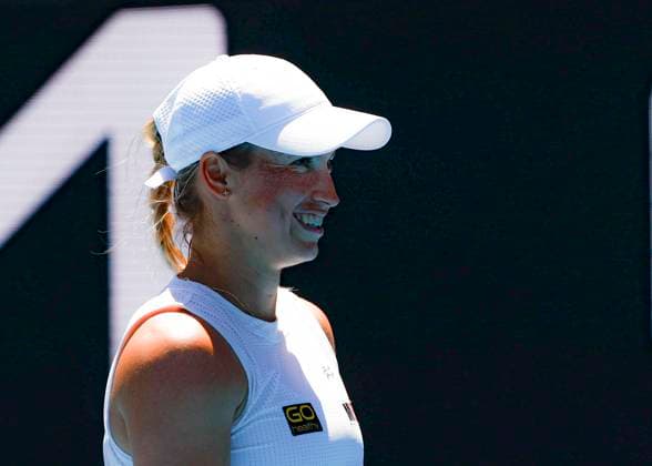 (250118) -- MELBOURNE, Jan. 18, 2025 -- Yulia Putintseva reacts during the women s singles third round match between Daria Kasatkina of Russia and Yulia Putintseva of Kazakhstan at Australian Open tennis tournament in Melbourne, Australia, Jan. 18, 2025. (Photo by Xinhua) (SP)AUSTRALIA-MELBOURNE-TENNIS-AUSTRALIAN OPEN-DAY 7 ChuxChen 