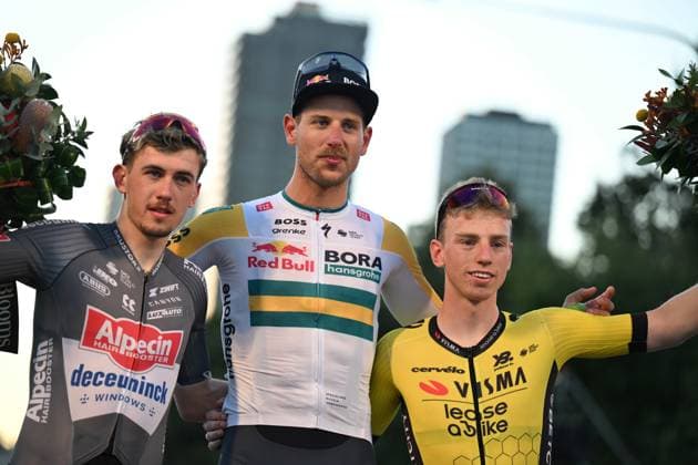 18-01-2025 Down Under Classic; 2025, Red Bull - Bora Hansgrohe; 2025, Alpecin - Deceuninck; 2025, Visma - Lease A Bike; Welsford, Sam; Uhlig, Henri; Brennan, Matthew; Adelaide; 