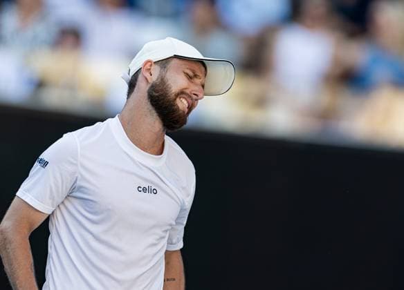 (250118) -- MELBOURNE, Jan. 18, 2025 -- Corentin Moutet reacts during the men s singles 3rd round match between Learner Tien of the United States and Corentin Moutet of France at Australian Open tennis tournament in Melbourne, Australia, Jan. 18, 2025. (Photo by Xinhua) (SP)AUSTRALIA-MELBOURNE-TENNIS-AUSTRALIAN OPEN-DAY 7 HuxJingchen 