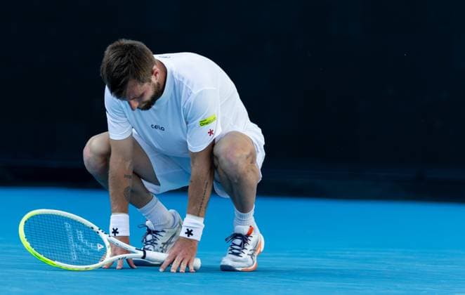 (250118) -- MELBOURNE, Jan. 18, 2025 -- Corentin Moutet reacts during the men s singles 3rd round match between Learner Tien of the United States and Corentin Moutet of France at Australian Open tennis tournament in Melbourne, Australia, Jan. 18, 2025. (Photo by Xinhua) (SP)AUSTRALIA-MELBOURNE-TENNIS-AUSTRALIAN OPEN-DAY 7 HuxJingchen 