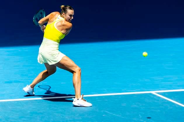 MELBOURNE, VIC - JANUARY 19: Aryna Sabalenka of Belarus in action during Round 4 of the 2025 Australian Open on January 19 2025, at Melbourne Park in Melbourne, Australia. (Photo by Jason Heidrich Icon Sportswire) TENNIS: JAN 19 Australian Open EDITORIAL USE ONLY Icon250119027