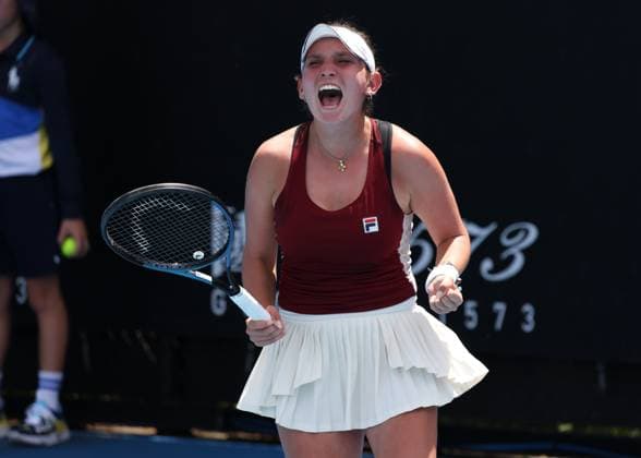 Sonja Zhenikhova GER makes a fist and cheers,Cheers,Joy,Emotion, Girls Singles, Girls Singles, Australian Open 2025, Melbourne Park, Melbourne, Victoria, Australia Copyright: xJuergenxHasenkopfx