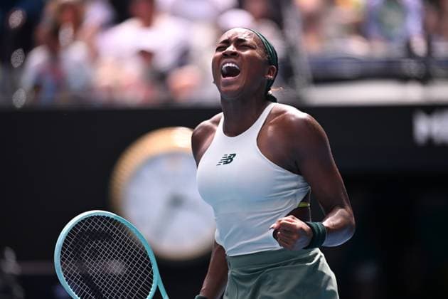 TENNIS AUSTRALIAN OPEN, Coco Gauff of the USA reacts after winning match point of her round four match against Belinda Bencic of Switzerland during the 2025 Australian Open at Melbourne Park in Melbourne, Sunday, January 19, 2025. ( NO ARCHIVING, EDITORIAL USE ONLY, NO USE IN BOOKS WITHOUT CONSENT MELBOURNE VICTORIA AUSTRALIA  Copyright: xJAMESxROSSx 20250119126737953290
