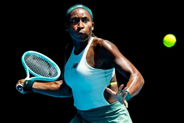 MELBOURNE, VIC - JANUARY 19: Coco Gauff of the United States of America in action during Round 4 of the 2025 Australian Open on January 19 2025, at Melbourne Park in Melbourne, Australia. (Photo by Jason Heidrich Icon Sportswire) TENNIS: JAN 19 Australian Open EDITORIAL USE ONLY Icon250119131