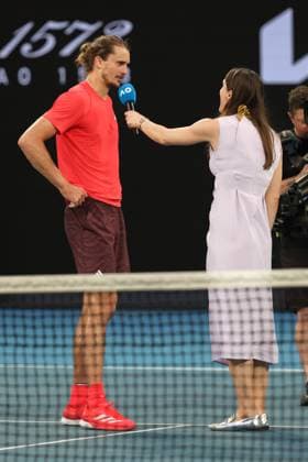 Alexander Zverev gives Andrea Petkovic a TV interview on the court after the win, Australian Open 2024, Melbourne Park, Melbourne, Victoria, Australia Copyright: xJuergenxHasenkopfx