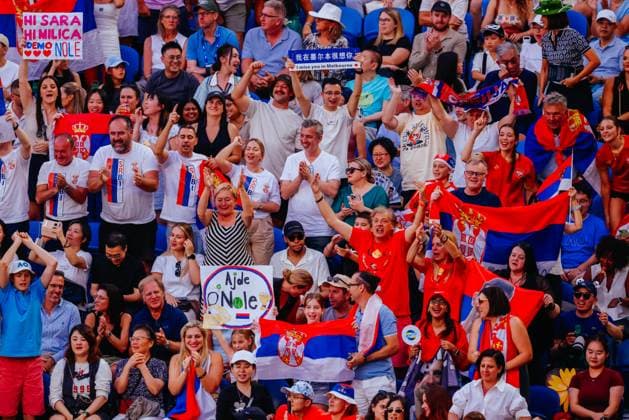 January 19, 2025: MELBOURNE, AUSTRALIA - JANUARY 19: Serbian fans cheer as Novak Djokovic of Serbia plays Jiri Lehecka of Czech Republic on day eight of the 2025 Australian Open at Melbourne Park on January 19, 2025 in Melbourne, Australia. - ZUMAp121 20250119_zsp_p121_098 Copyright: xChrisxPutnamx