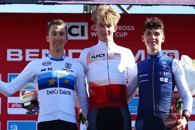 Belgian Jente Michels, Dutch Tibor Del Grosso and French Aubin Sparfel pictured on the podium after the men s U23 race at the cyclocross cycling event in Benidorm, Spain, Sunday 19 January 2025, stage 12 14 in the UCI World Cup competition. DAVIDxPINTENS  x110715254x