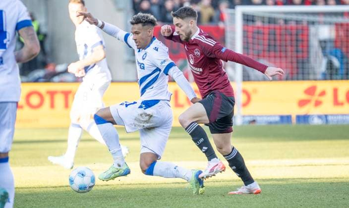 19 01 2025 Soccer season 2024 2025 2 Soccer Bundesliga 18 Matchday 1 FC Nürnberg FCN Club Karlsruher SC KSC Sportfoto Zink xwoxzix DFL regulations prohibit any use of photographs as image sequences and or quasi video only for editorial use Bambase Conte 31, Karlsruher SC KSC Lukas Schleimer 36, 1 FC Nürnberg FCN