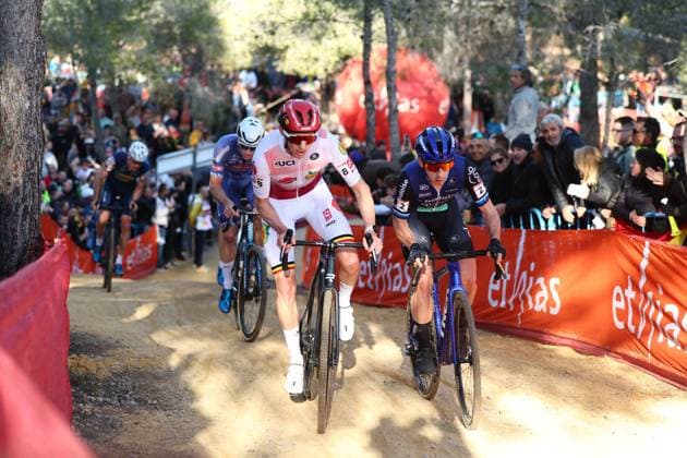 Belgian Michael Vanthourenhout and Dutch Lars Van Der Haar pictured in action during the men s elite race at the cyclocross cycling event in Benidorm, Spain, Sunday 19 January 2025, stage 12 14 in the UCI World Cup competition. DAVIDxPINTENS  x110723303x