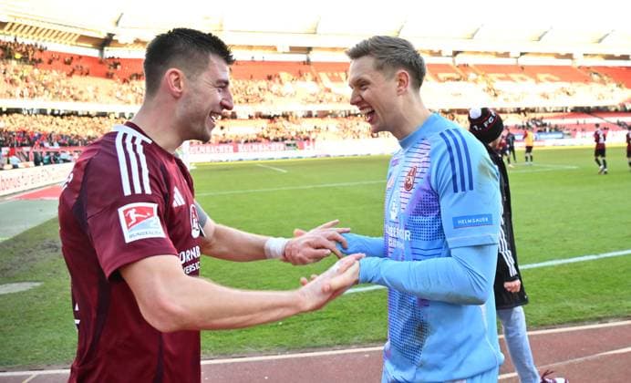 19 01 2025 Soccer season 2024 2025 2 Soccer Bundesliga 18 Matchday 1 FC Nürnberg FCN Club Karlsruher SC KSC Sportfoto Zink xwoxzix DFL regulations prohibit any use of photographs as image sequences and or quasi video only for editorial use Robin Knoche 31, 1 FC Nürnberg FCN Jan Reichert 1, 1 FC Nürnberg FCN Jubel Freude nach Spielende