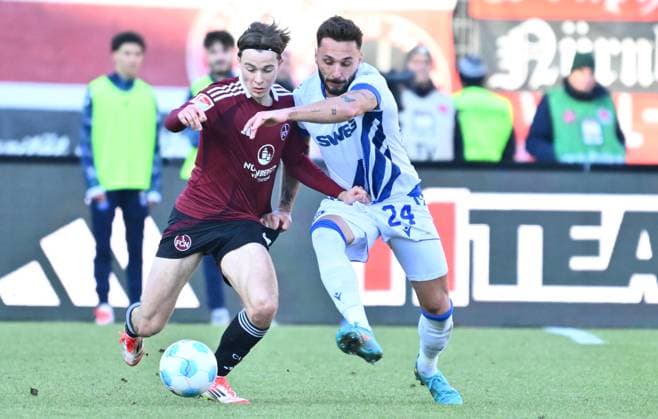 19 01 2025 Soccer season 2024 2025 2 Soccer Bundesliga 18 Matchday 1 FC Nürnberg FCN Club Karlsruher SC KSC Sportfoto Zink xwoxzix DFL regulations prohibit any use of photographs as image sequences and or quasi video only for editorial use Oliver Villadsen 2, 1 FC Nürnberg FCN Fabian Schleusener 24, Karlsruher SC KSC