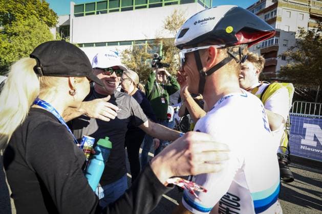 Belgian Thibau Nys celebrates after winning the men s elite race at the cyclocross cycling event in Benidorm, Spain, Sunday 19 January 2025, stage 12 14 in the UCI World Cup competition. DAVIDxPINTENS  x110726848x