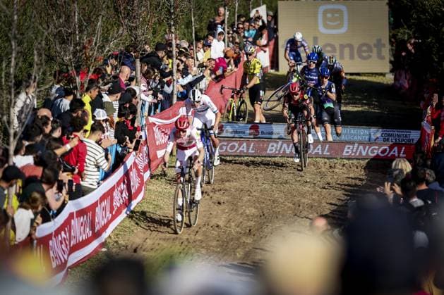 Riders in the peloton pictured at the men s elite race at the cyclocross cycling event in Benidorm, Spain, Sunday 19 January 2025, stage 12 14 in the UCI World Cup competition. DAVIDxPINTENS  x110726878x