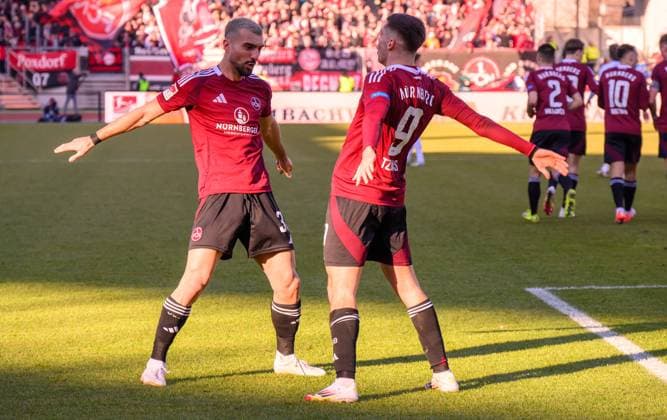 19 01 2025 Soccer season 2024 2025 2 Soccer Bundesliga 18 Matchday 1 FC Nürnberg FCN Club Karlsruher SC KSC Sportfoto Zink xwoxzix DFL regulations prohibit any use of photographs as image sequences and or quasi video only for editorial use Torjubel Jubel nach Treffer Torschuß zum 1 0 durch Stefanos Tzimas 9, 1 FC Nürnberg FCN Mahir Emreli 30, 1 FC Nürnberg FCN Stefanos Tzimas 9, 1 FC Nürnberg FCN