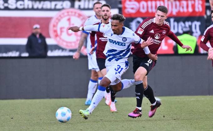 19 01 2025 Soccer season 2024 2025 2 Soccer Bundesliga 18 Matchday 1 FC Nürnberg FCN Club Karlsruher SC KSC Sportfoto Zink xwoxzix DFL regulations prohibit any use of photographs as image sequences and or quasi video only for editorial use Bambase Conte 31, Karlsruher SC KSC Florian Flick 6, 1 FC Nürnberg FCN , right
