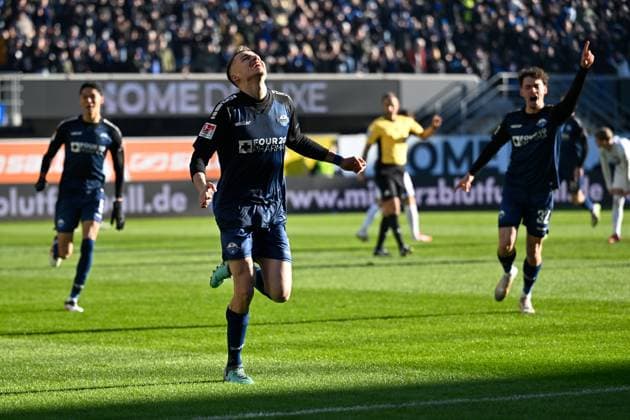 Paderborn, Home Deluxe Arena, 19 01 25, GER, Men, 2 Bundesliga, Saison 2024 2025, SC Paderborn 07 Hertha BSC Berlin Bild Filip BILBIJA Paderborn celebrates after his goal to 1 0 VAR does not recognize the goal due to offside position Only for editorial use DFL regulations prohibit any use of photographs as image sequences and or quasi video NRW Germany