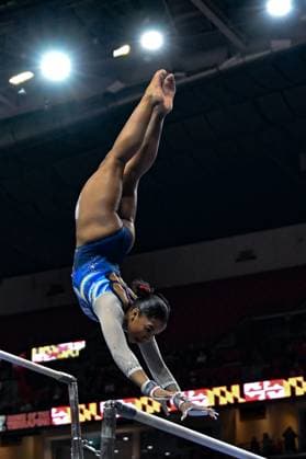 January 18, 2025, College Park, Maryland, US: JORDAN CHILES, UCLA, competes on the uneven bars on the way to scoring a perfect 10 during the dual meet held at Xfinity Center in College Park, Maryland. College Park US - ZUMAs146 20250118_fap_s146_014 Copyright: xAmyxSandersonx