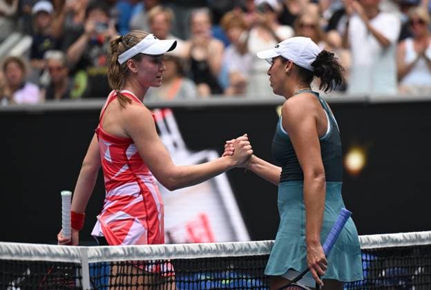 TENNIS AUSTRALIAN OPEN, Madison Keys of USA (right) after winning her round 4 match against Elna Rybakina of Kazakhstan during the 2025 Australian Open at Melbourne Park in Melbourne, Monday, January 20, 2025. ( NO ARCHIVING, EDITORIAL USE ONLY, NO USE IN BOOKS WITHOUT CONSENT MELBOURNE VICTORIA AUSTRALIA  Copyright: xLUKASxCOCHx 20250120178986148084