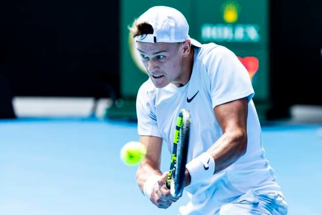 MELBOURNE, VIC - JANUARY 20: Holger Rune of Denmark in action during Round 4 of the 2025 Australian Open on January 20 2025, at Melbourne Park in Melbourne, Australia. (Photo by Jason Heidrich Icon Sportswire) TENNIS: JAN 20 Australian Open EDITORIAL USE ONLY Icon250120119