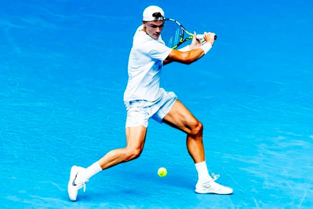 MELBOURNE, VIC - JANUARY 20: Holger Rune of Denmark in action during Round 4 of the 2025 Australian Open on January 20 2025, at Melbourne Park in Melbourne, Australia. (Photo by Jason Heidrich Icon Sportswire) TENNIS: JAN 20 Australian Open EDITORIAL USE ONLY Icon250120121