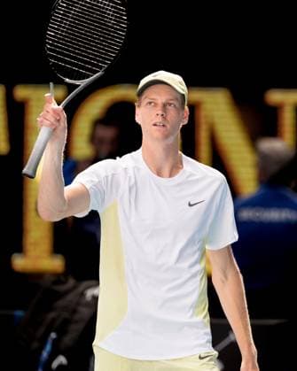 January 20, 2025: 1st seed JANNIK SINNER of Italy celebrates after defeating 13th seed HOLGER RUNE of Denmark on Rod Laver Arena in a Men s Singles 4th round match on day 9 of the 2025 Australian Open in Melbourne, Australia. Cal Media Melbourne Australia - ZUMAc04_ 20250120_faf_c04_023 Copyright: xSydneyxLowx