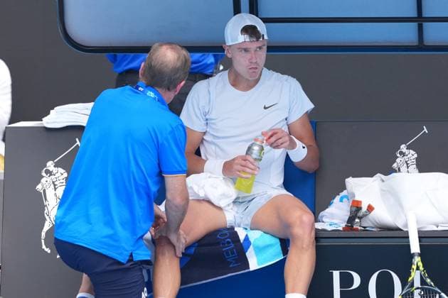 January 20, 2025: 13th seed HOLGER RUNE of Denmark receives treatment during a change of ends during a match against 1st seed JANNIK SINNER of Italy on Rod Laver Arena in a Men s Singles 4th round match on day 9 of the 2025 Australian Open in Melbourne, Australia. Cal Media Melbourne Australia - ZUMAc04_ 20250120_faf_c04_034 Copyright: xSydneyxLowx