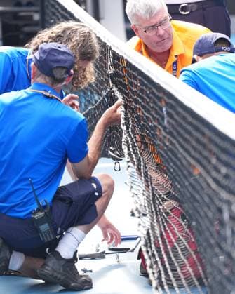 January 20, 2025: Plays is stopped to repair the net in a Men s Singles 4th round match between 13th seed HOLGER RUNE of Denmark and 1st seed JANNIK SINNER of Italy on Rod Laver Arena on day 9 of the 2025 Australian Open in Melbourne, Australia. Cal Media Melbourne Australia - ZUMAc04_ 20250120_faf_c04_030 Copyright: xSydneyxLowx