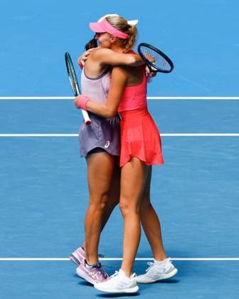 (250120) -- MELBOURNE, Jan. 20, 2025 -- Zhang Shuai (L) Kristina Mladenovic celebrate after the women s doubles third round match between Zhang Shuai (China) Kristina Mladenovic (France) and Chan Hao-Ching (Chinese Taipei) Lyudmyla Kichenok (Ukraine) at Australian Open tennis tournament in Melbourne, Australia, Jan. 20, 2025. (Photo by Xinhua) (SP)AUSTRALIA-MELBOURNE-TENNIS-AUSTRALIAN OPEN-DAY 9 ChuxChen 