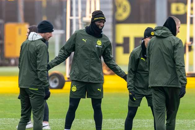 20 01 2025 Borussia Dortmund soccer training ahead of the Champions League match at FC Bologna Dortmunds Serhou Guirassy laughs Copyright: xDavidxInderliedx
