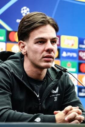 Club s Ardon Jashari pictured during a press conference, PK, Pressekonferenz of Belgian Club Brugge KV, Monday 20 January 2025 in Brugge. Tomorrow, they will play against Italian club Juventus, on the seventh day (out of 8) of the UEFA Champions League league phase. BRUNOxFAHY  x110782927x
