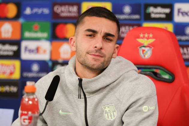 Portugal, Estadio do SL Benfica Lisbon 20. January 2025 Uefa Champions League phase 2024 25 Matchday 7, Pressekonferenz , Training S.L.Benfica - FC Barcelona, Barca v.l. Ferran Torres (FC Barcelona) bei der Pressekonferenz Copyright: HMBxMedia FernandoxSoares