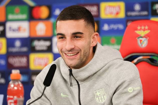 Portugal, Estadio do SL Benfica Lisbon 20. January 2025 Uefa Champions League phase 2024 25 Matchday 7, Pressekonferenz , Training S.L.Benfica - FC Barcelona, Barca v.l. Ferran Torres (FC Barcelona) bei der Pressekonferenz Copyright: HMBxMedia FernandoxSoares