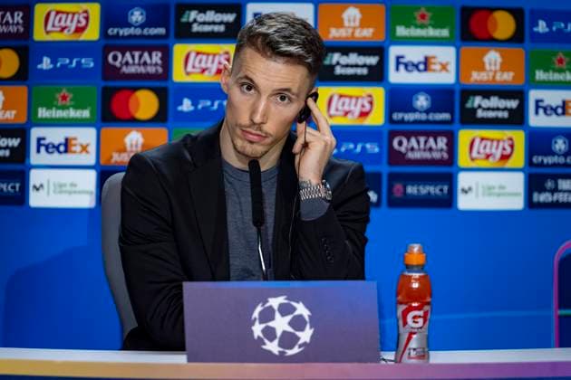 Champions League 2024 25 League Phase MD7: Bayer 04 Leverkusen Training and press conference, PK, Pressekonferenz Alejandro Grimaldo of Bayer 04 Leverkusen seen during the UEFA Champions League 2024 25 League Phase MD7 training and press conference at Estadio Riyadh Air Metropolitano on January 20, 2025 in Madrid, Spain. Madrid Estadio Riyadh Air Metropolitano Madrid Spain Copyright: xAlbertoxGardinx AGardin_20250120_Football_Champions_Bayern_Leverkusen_PC_0094