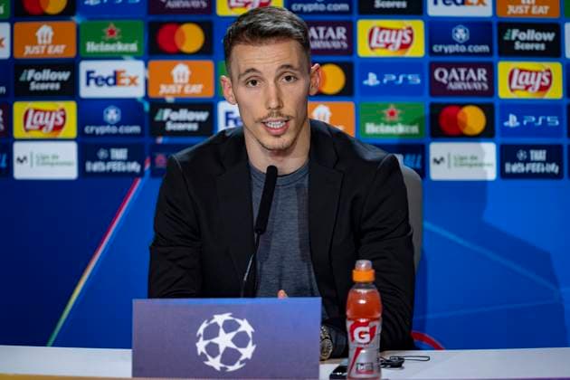 Champions League 2024 25 League Phase MD7: Bayer 04 Leverkusen Training and press conference, PK, Pressekonferenz Alejandro Grimaldo of Bayer 04 Leverkusen seen during the UEFA Champions League 2024 25 League Phase MD7 training and press conference at Estadio Riyadh Air Metropolitano on January 20, 2025 in Madrid, Spain. Madrid Estadio Riyadh Air Metropolitano Madrid Spain Copyright: xAlbertoxGardinx AGardin_20250120_Football_Champions_Bayern_Leverkusen_PC_0103