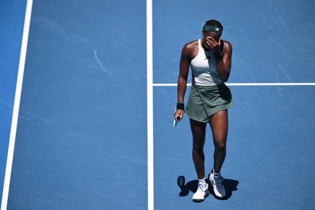 TENNIS AUSTRALIAN OPEN, Coco Gauff of USA reacts during her 1 4 final match against Paula Badosa of Spain during the 2025 Australian Open at Melbourne Park in Melbourne, Tuesday, January 21, 2025. ( NO ARCHIVING, EDITORIAL USE ONLY, NO USE IN BOOKS WITHOUT CONSENT MELBOURNE VICTORIA Australia  Copyright: xJOELxCARRETTx 20250121193374480350